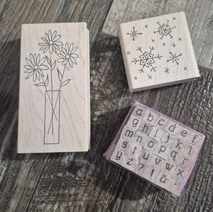 Wooden Stamp Set with Floral, Snow and Alphabet Designs